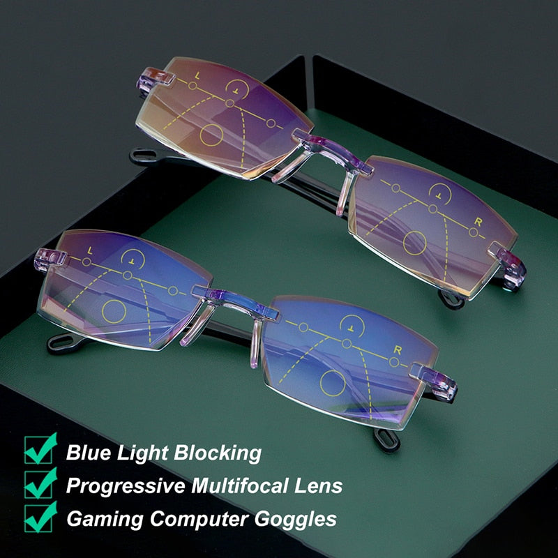2022 Bifocal Progressive Reading Glasses Diamond-cut Men Blue Light Blocking Multifocal Eyewear Ultralight Rimless Eyeglasses