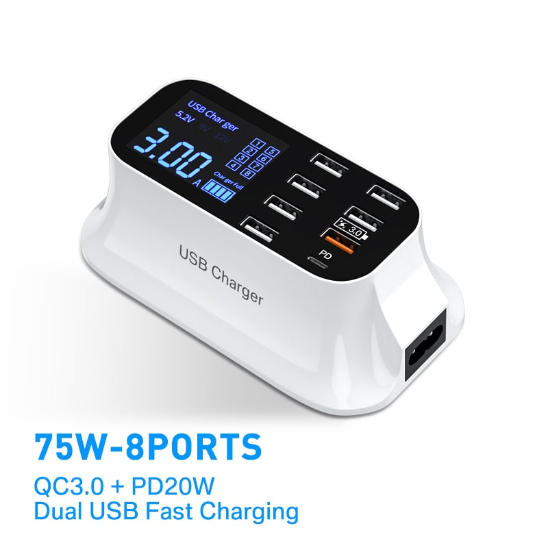 Quick Charge 3.0 Smart USB Type C Charger Phone USB Charger Fast Charging Desktop Socket Adapter Station Led Display For iphone