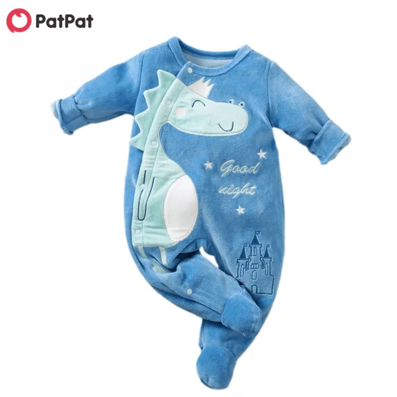 PatPat New Arrival Autumn And Winter Baby Dinosaur Fleece Jumpsuit Baby Clothing One Piece Cute Baby Rpmpers Baby's Clothing
