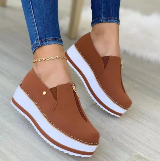 New Women Sneakers Slip on Zipper Thick Bottom Solid Color Vulcanized Shoes Casual Wedge Walking Flats Zapatillas De Mujer