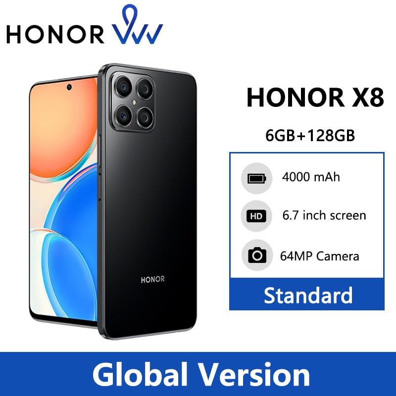 Global HONOR X8 Mobile Phones 6GB 128GB 6.7 inch Display Smartphone Snapdragon 680 Cellphone 4000mAh Battery 64MP Camera