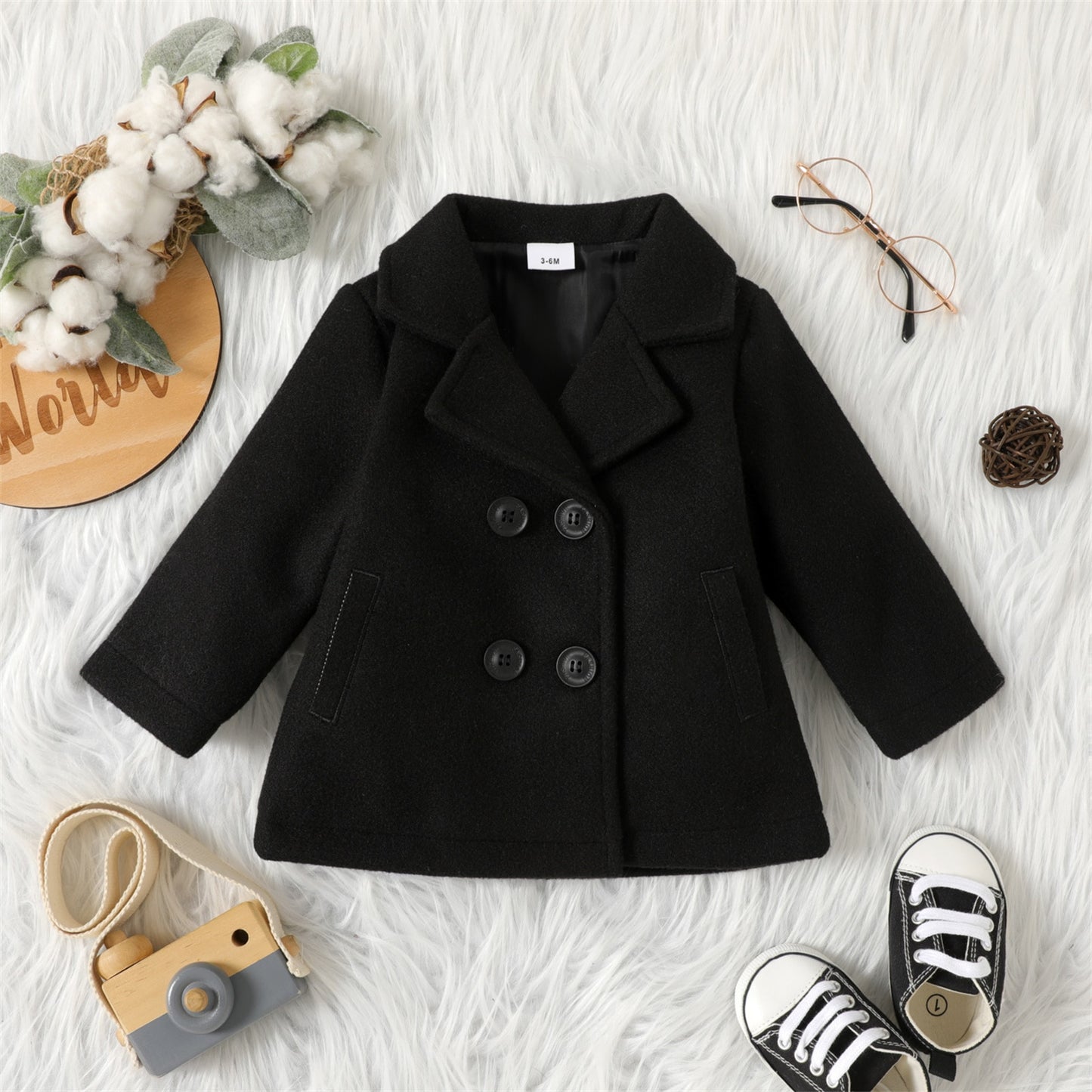 PatPat Baby Boy/Girl Solid Lapel Double Breasted Long-sleeve Wool Blend Coat