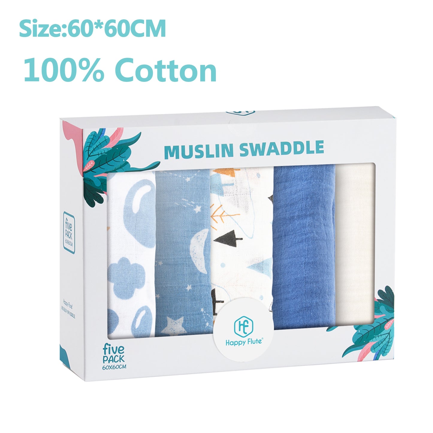 HappyFlute 5Pcs/set Muslin Swaddle Feeding Burp Cloth Newborn Soft Cotton Baby Blanket 60*60cm
