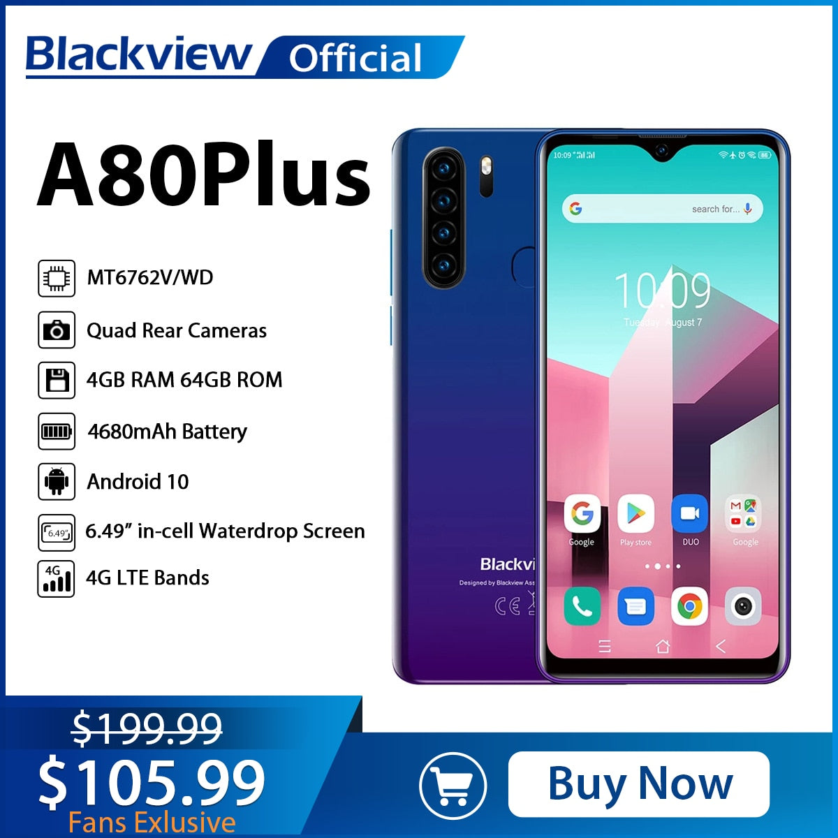 Blackview A80 Plus Mobile Phone Octa Core 4GB RAM+64GB ROM 13MP Quad Rear Camera 6.49 Inch Waterdrop Smartphone 4G Cellphone
