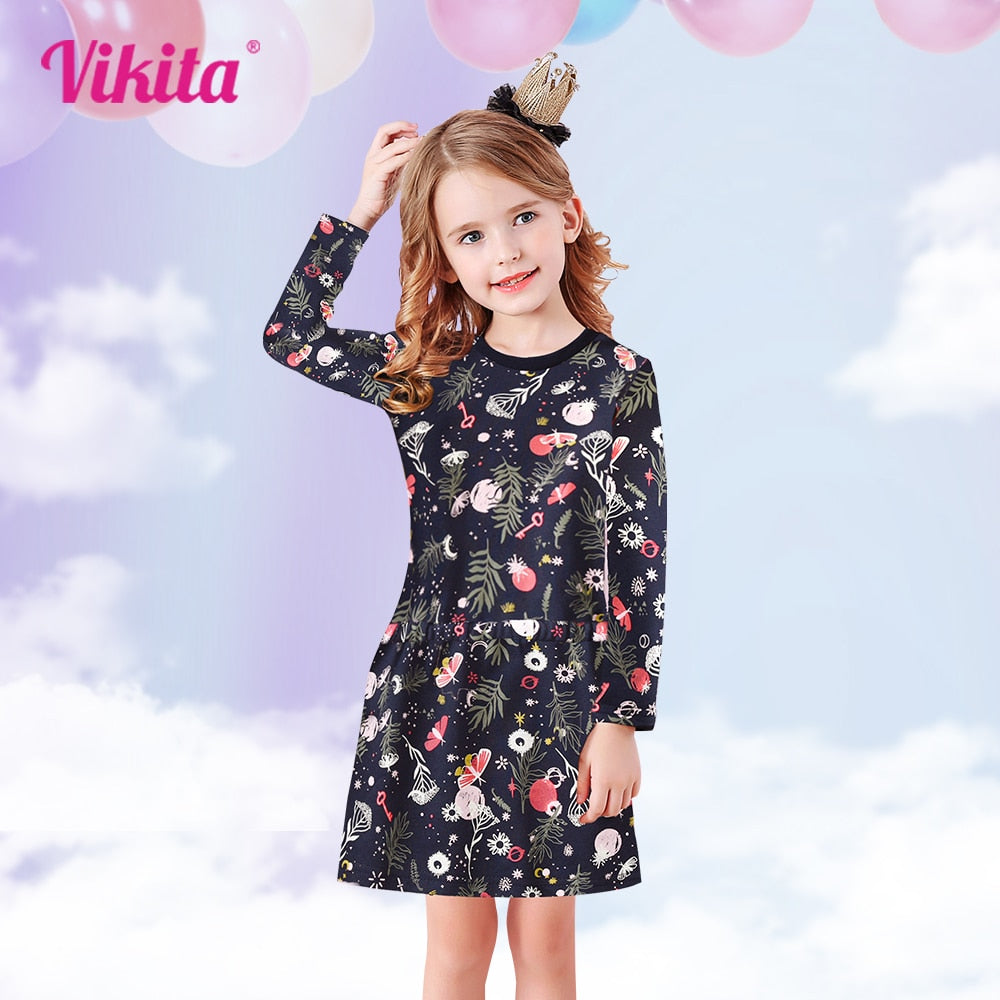 VIKITA Spring and Autum Girls Long Sleeves Dress Cotton Cartoon Children's Clothing Kids Princess Casual Clothes 2-8years