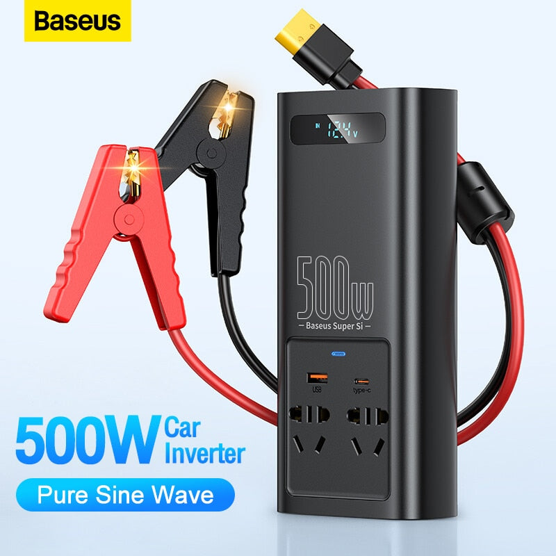 Baseus Car Inverter 500W DC 12V to AC 110V 220V Auto Converter Type-C USB Fast Charging Pure Sine Wave EU US Socket Car Inverter
