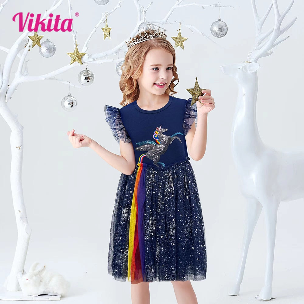 VIKITA Girls Dresses 2022 Girls Sequins Sleeveless Dresses Kids Elegant Cute Princess Tutu Vestidos Children Summer Tulle Dress