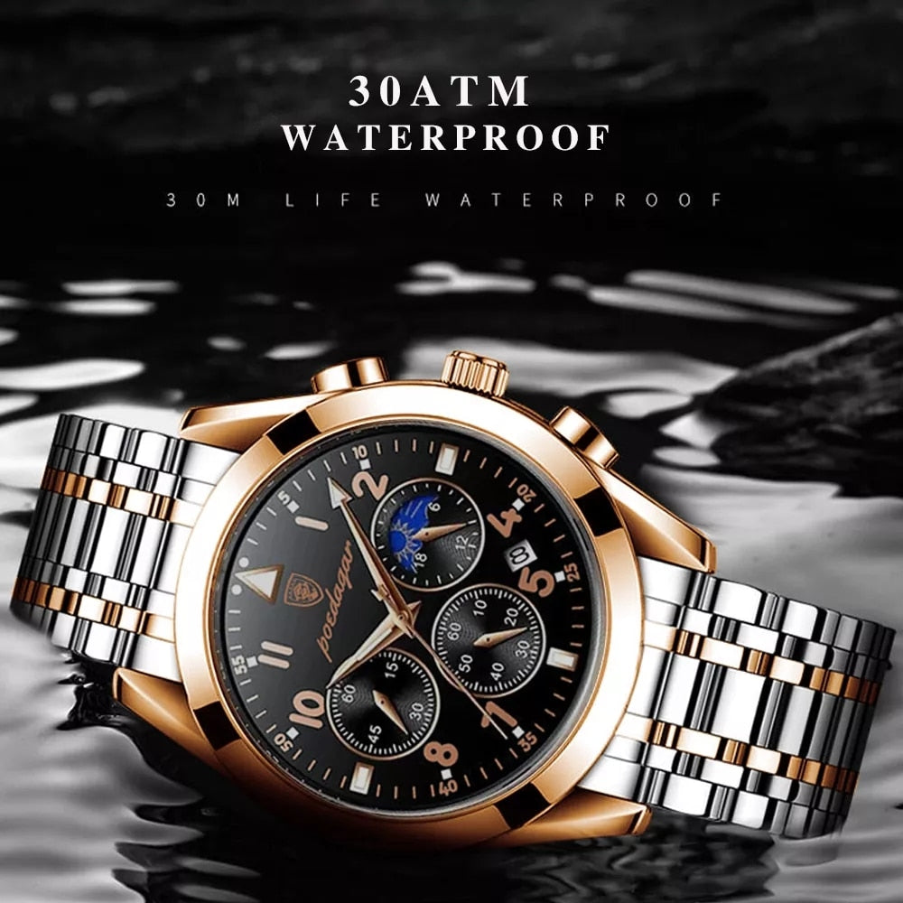 POEDAGAR Men Watch Luxury Business Quartz Watches Stainless Stain Strap Sport Chronograph Men's Wristwatch Waterproof Luminous