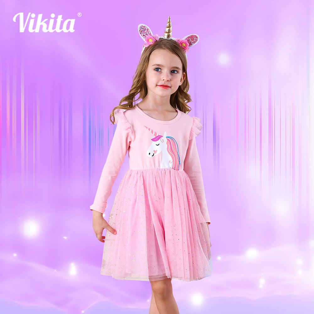 VIKITA Children Unicorn Dresses Girls Birthday Party Performance Prom Gown Elegant Dress Toddlers Long Sleeve Princess Dresses