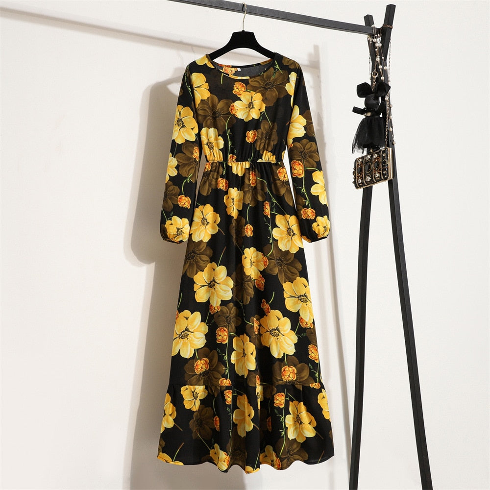 Women Maxi Dresses Spring Summer Casual Solid Full Sleeve Floral Printed O-neck Woman Bohe Beach Party Long Dress Mujer Vestidos