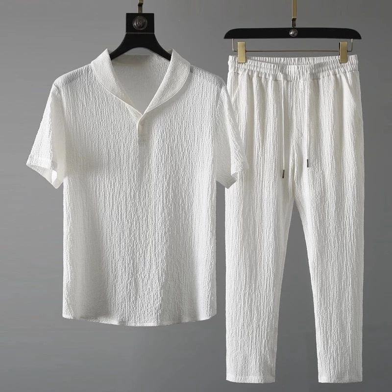 New Arrival Men's Cool and Thin Short Sleeve T-shirt+Pant Two-Piece Set Solid Shirt+Trousers Home Suits Male Size M-4XL