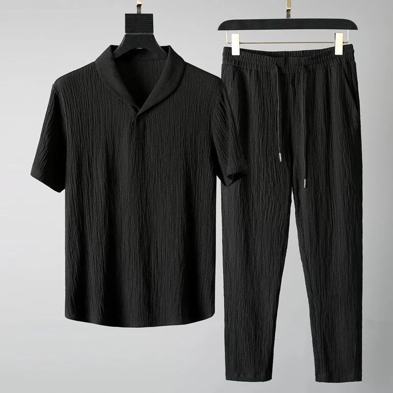 New Arrival Men's Cool and Thin Short Sleeve T-shirt+Pant Two-Piece Set Solid Shirt+Trousers Home Suits Male Size M-4XL