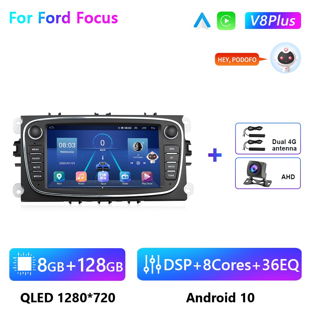 Podofo Car Radio Android 10 8+128GB GPS WIFI 4G For Ford Focus S-Max Mondeo Galaxy C-Max 7 Inch Car Multimedia player Autoradio
