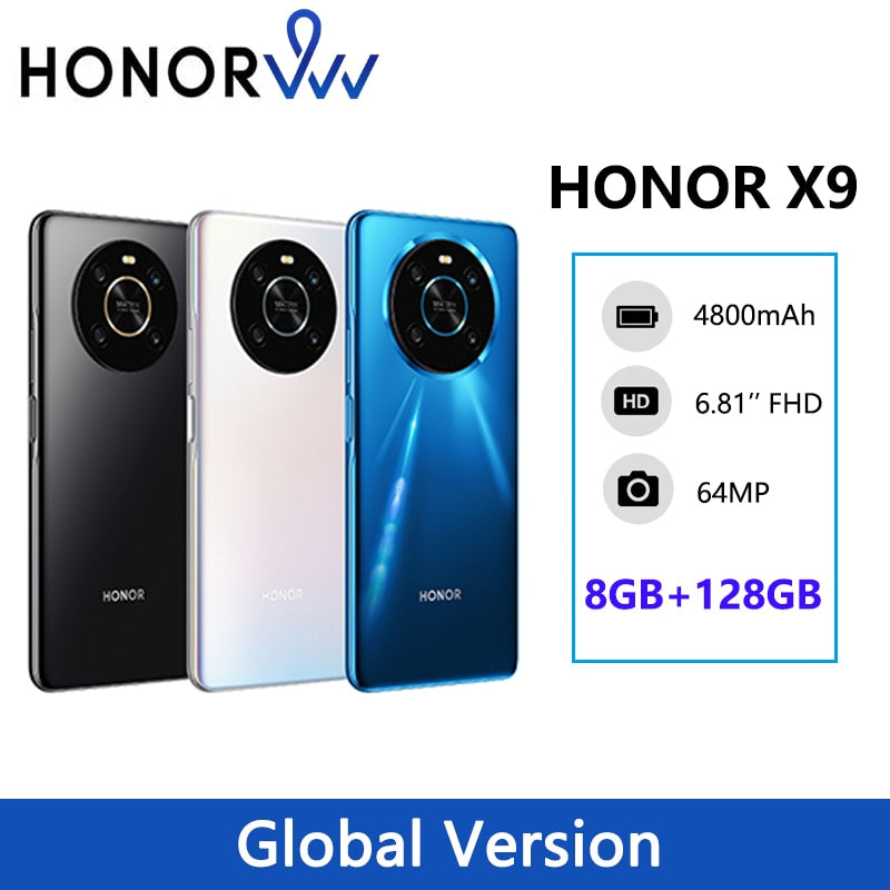 HONOR X9 Global Version Android 11 Smartphone 6.81" Display 66W SuperCharge Cell Phone 8GB 128GB 64MP Quad Camera Mobile Phone