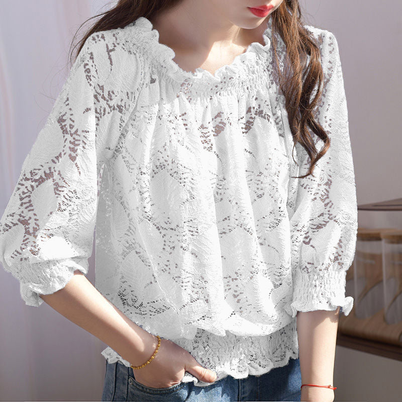 Fashion Shirring Ruffles Lace Hollow Out Blouses 2022 New Half Sleeve O-Neck Casual Pullovers Commute Women Clothing Sweet Shirt