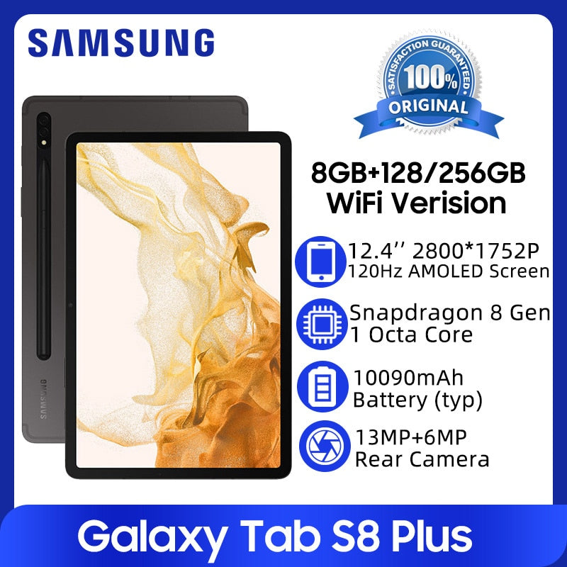 Samsung Galaxy Tab S8 Plus Tablets 12.4'' 120Hz AMOLED Display Snapdragon 8 Gen 1 Octa Core 10000mAh Battery Android Tablet