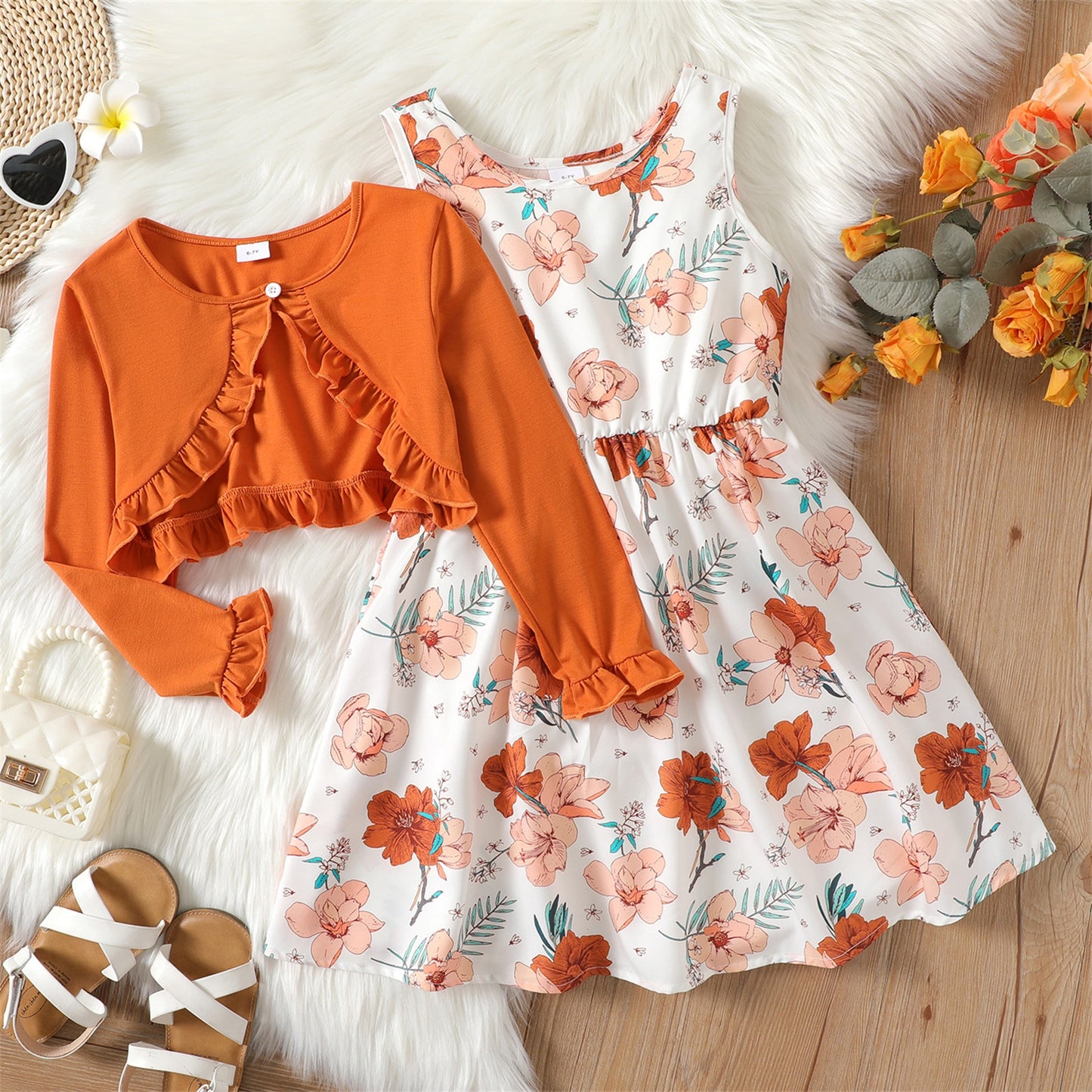 PatPat 2pcs Girl Kid's Dress Girls' Dress Sets Floral Print Sleeveless Dress and Ruffled Long-sleeve Orange Cardigan Set Dresses
