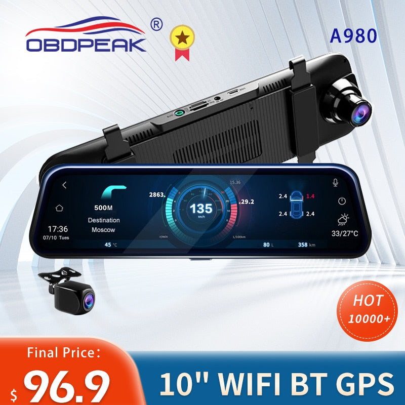 OBDPEAK A980 ADAS 4G Android8.1 Car DVRS Rearview mirror Dash camera wifi FM Bluetooth GPS 2GB 1080P Registrator Auto DashCam