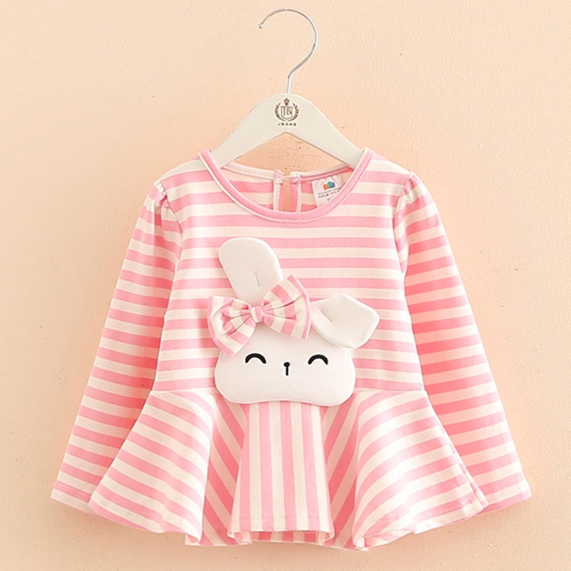 Kids Tops 2022 Fashion Spring Autumn Long Sleeve O-Neck Cute Rabbit Bow Striped Patchwork Baby Tees Little Child Girls T-Shirts