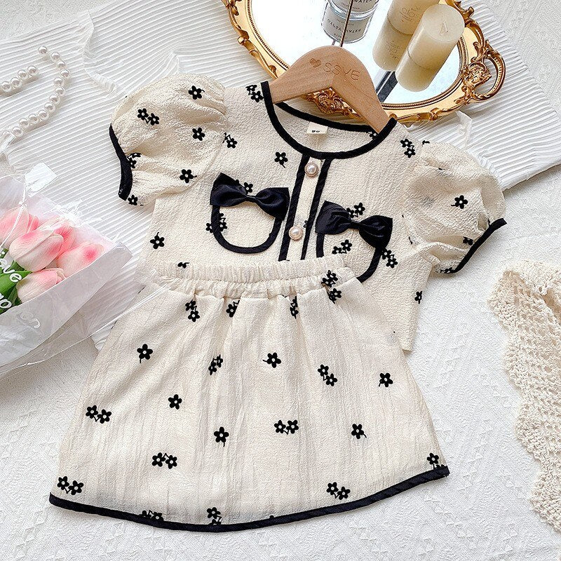 Girls Flower Embroidery Clothes Set Summer Cute Bow Blouse with Tutu Skirt 2 Piece Outfits 3-8 Years Children Elegant Clothing