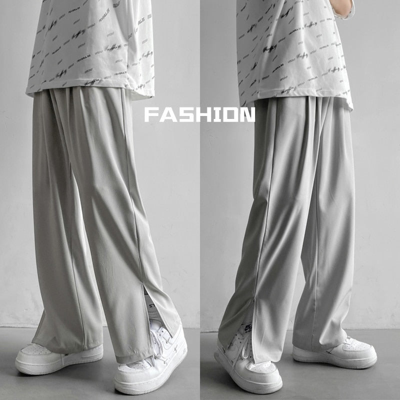 Summer Thin Casual Pants Men Fashion 3-color Wide-leg Pants Men Korean Loose Straight Ice Silk Pants Mens Plus Size Trousers