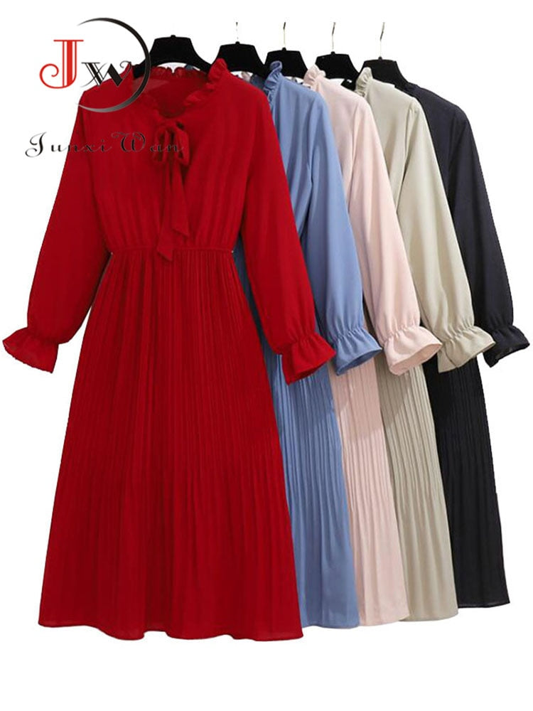 2022 Solid Color Long Women Dress Vintage Elegant Bow Collar Shirt Dress Ladies Long Sleeve Autumn Winter Casual Dresses