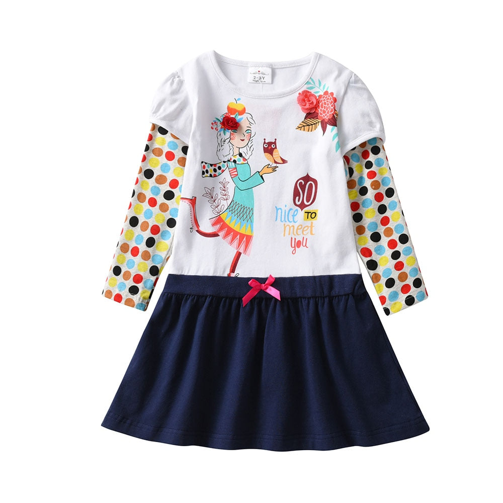 VIKITA Spring and Autum Girls Long Sleeves Dress Cotton Cartoon Children's Clothing Kids Princess Casual Clothes 2-8years