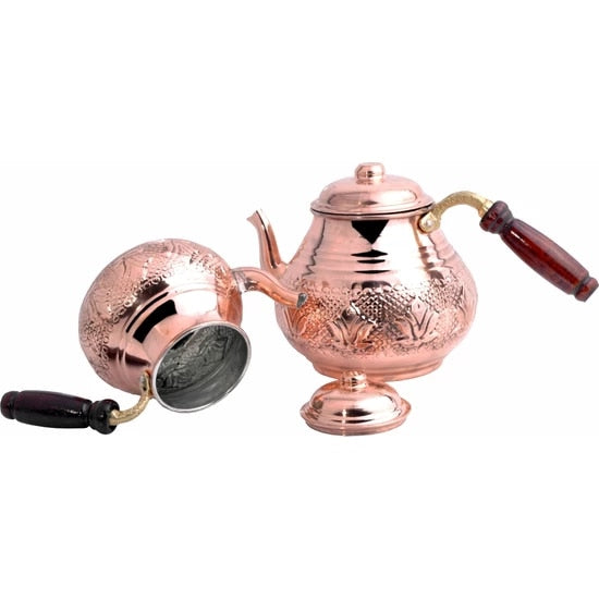 Turkish Copper Teapot Kettle Handmade 4 Pieces Kitchen Tea Set Traditional Tea Coffee Boiler Wooden Handle Gift Made in TURKEY