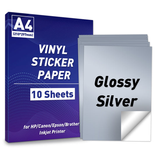 10S Waterproof Vinyl Stickers Printable Vinyl Sticker Paper A4 Glossy Silver Paper Label Decal for Inkjet Printer Laser Printer